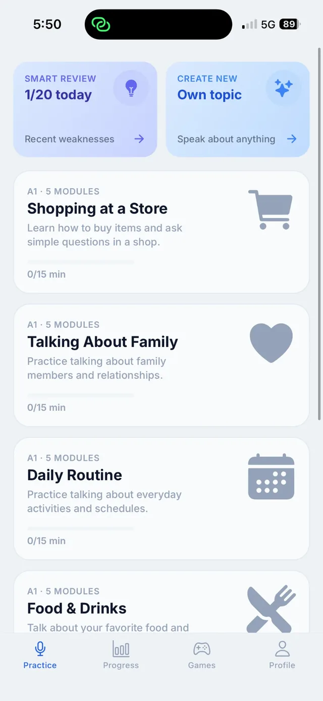 TalkCo Practice screen with Smart Review, Create New topic and conversation topics by level