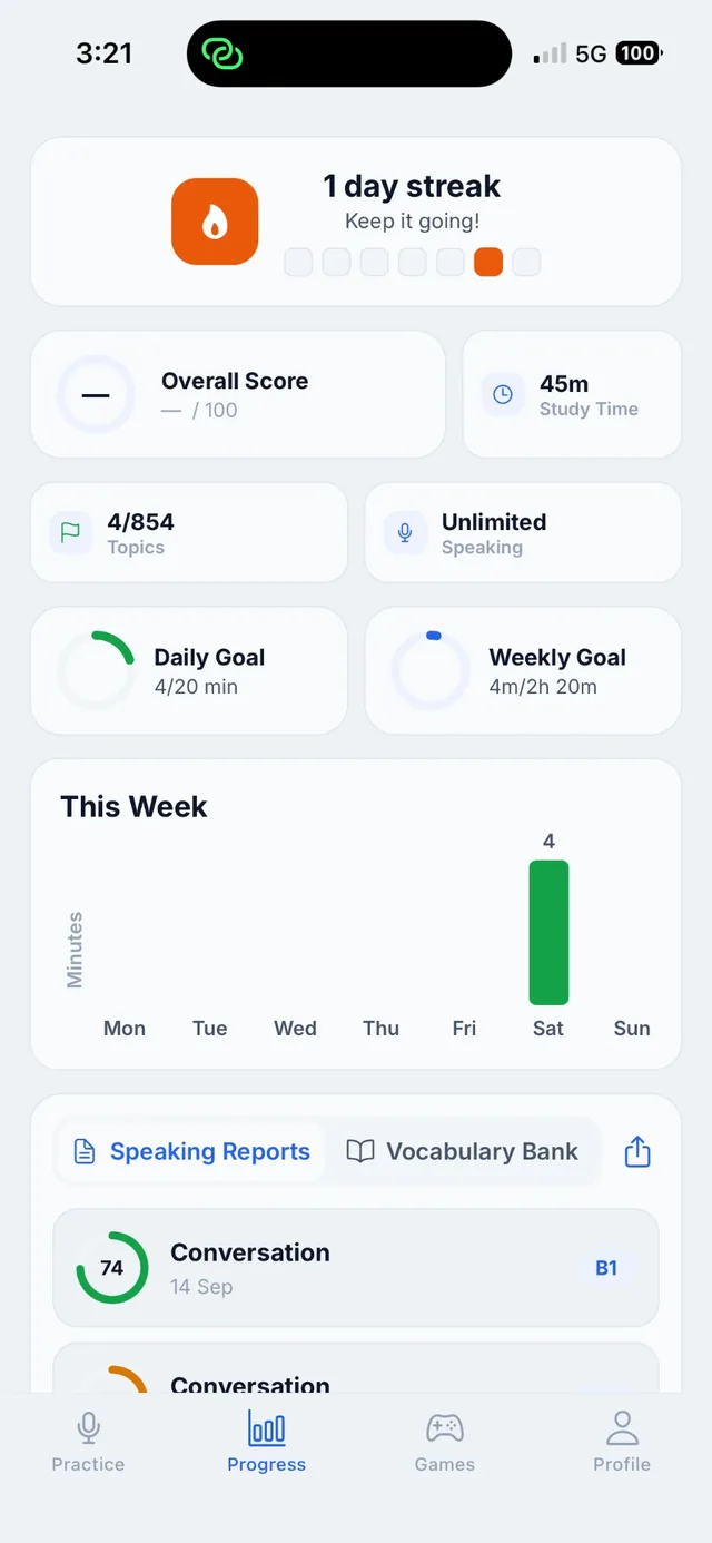 TalkCo Progress screen with streak, study time, goals and speaking reports