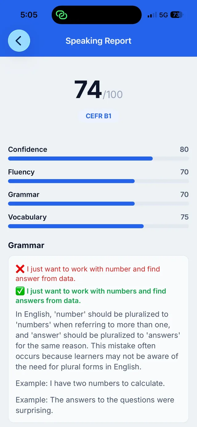 TalkCo Speaking Report with a score, CEFR level and grammar correction